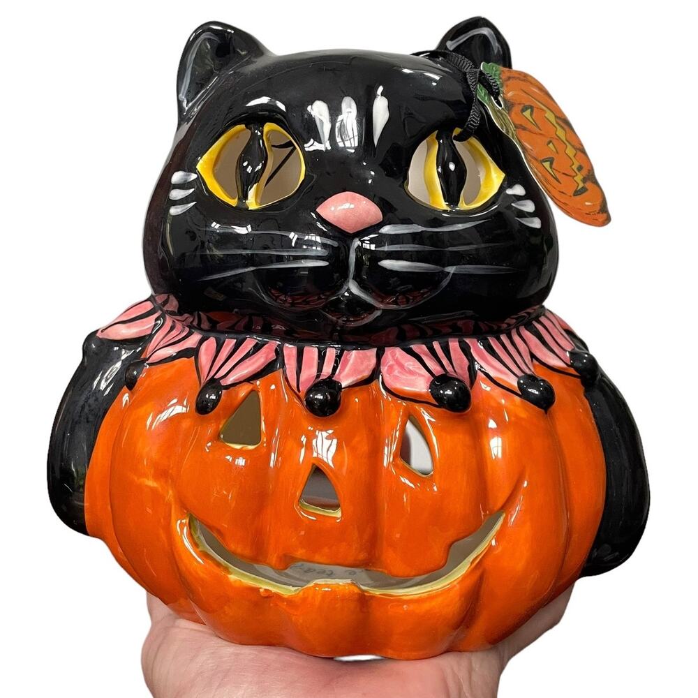 Blue Sky Clayworks Halloween Black Cat Pumpkin Tea Light Ceramic Candle Holder